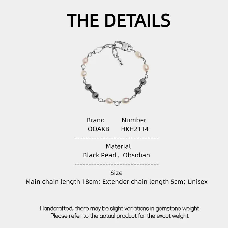 Black Pearl and Obsidian Beaded Bracelet — specification card with material and size details