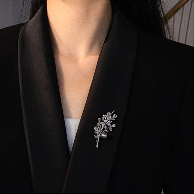 Dark Pearl Leafy Branch Brooch — second close blazer-worn view