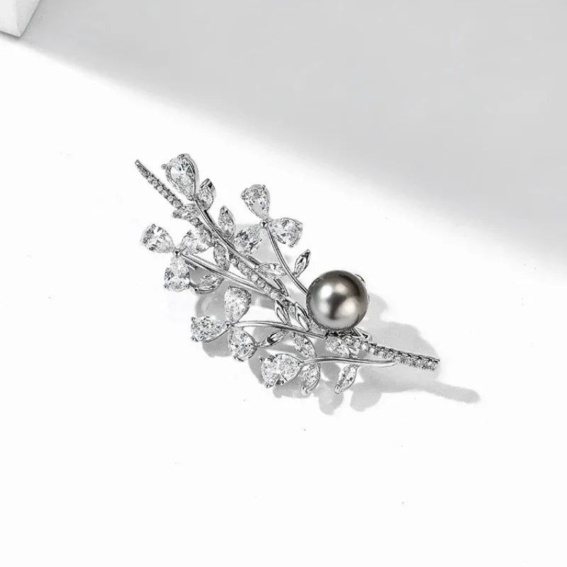 Dark Pearl Leafy Branch Brooch — alternate angled view showing the branch structure