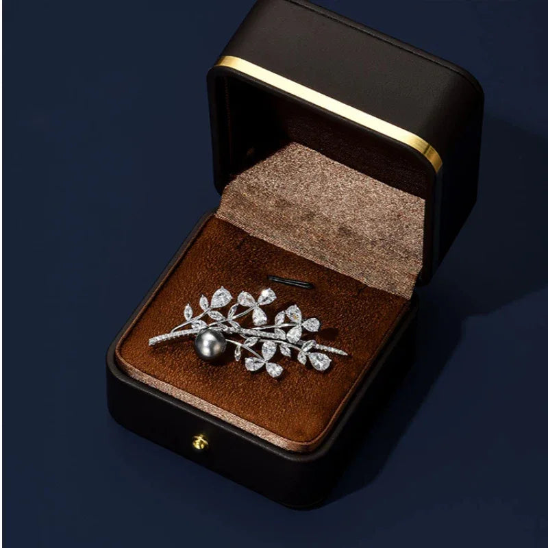 Dark Pearl Leafy Branch Brooch — brooch displayed inside a jewelry gift box