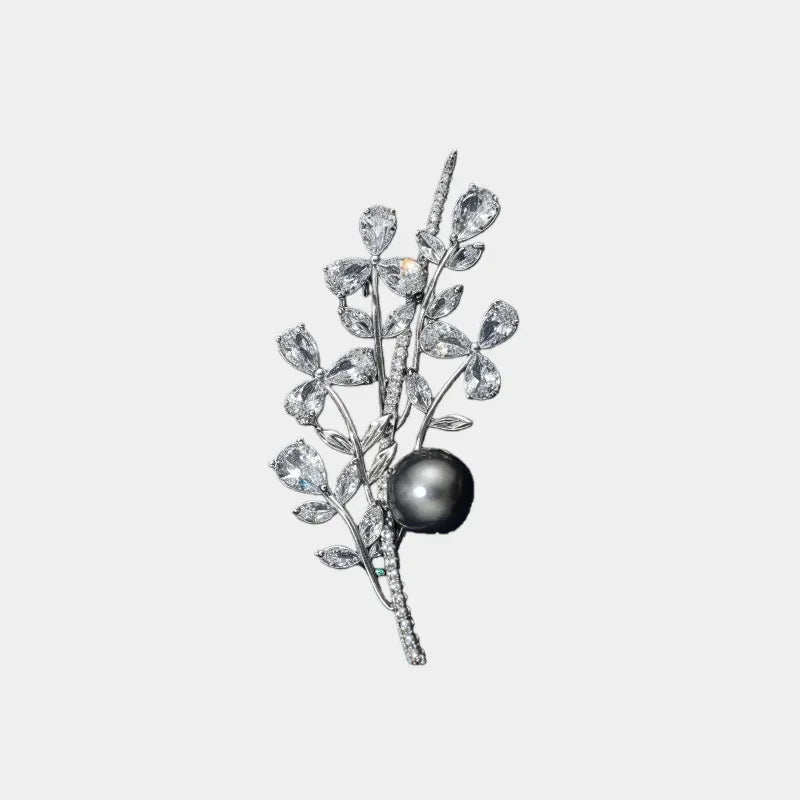 Dark Pearl Leafy Branch Brooch — front view of dark-pearl branch brooch
