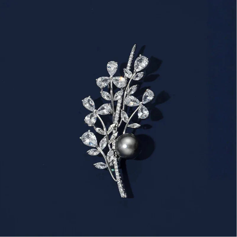 Dark Pearl Leafy Branch Brooch — front product view on a dark background