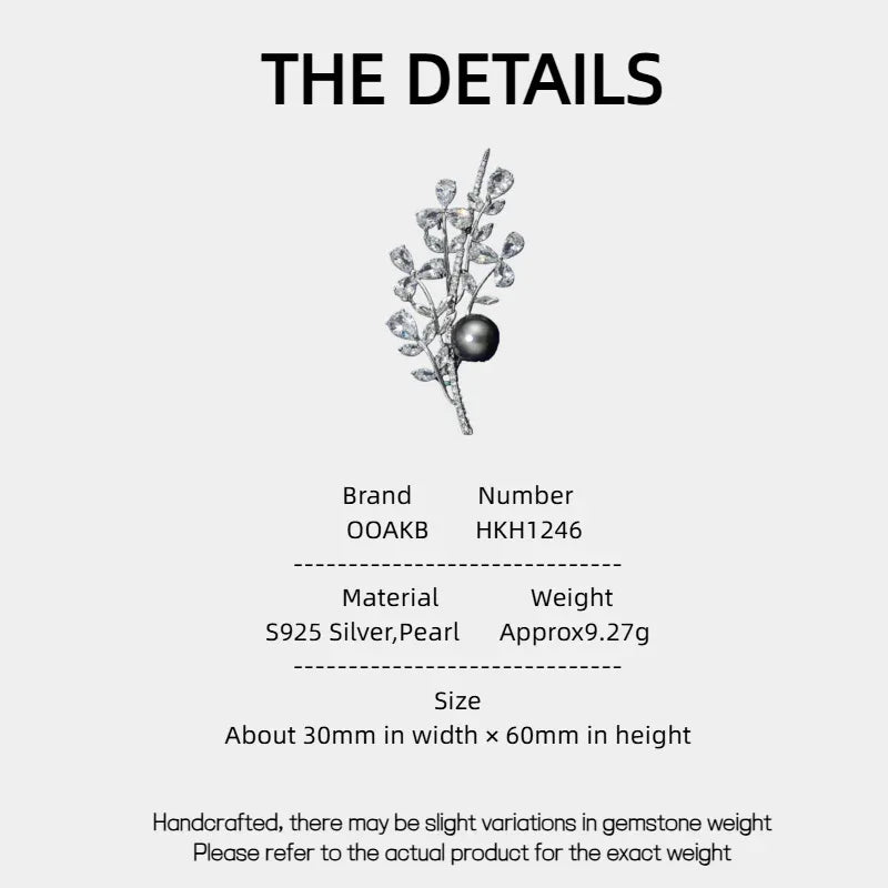 Dark Pearl Leafy Branch Brooch — specification card with material and size details