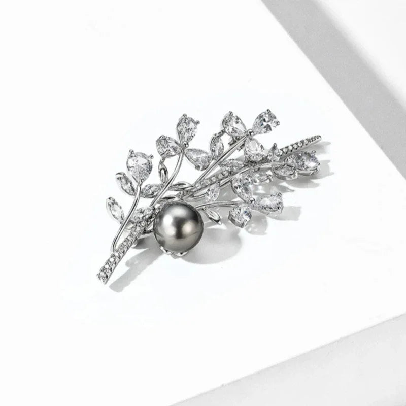 Dark Pearl Leafy Branch Brooch — angled product view on white