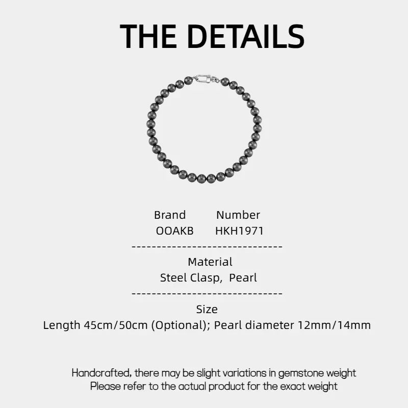 Dark Pearl Strand Necklace with Steel Clasp — specification card with material and size details