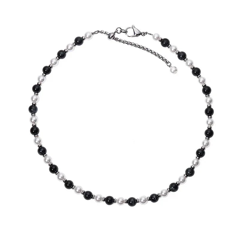 Black Tiger Eye and Pearl Beaded Necklace — alternate isolated full necklace view