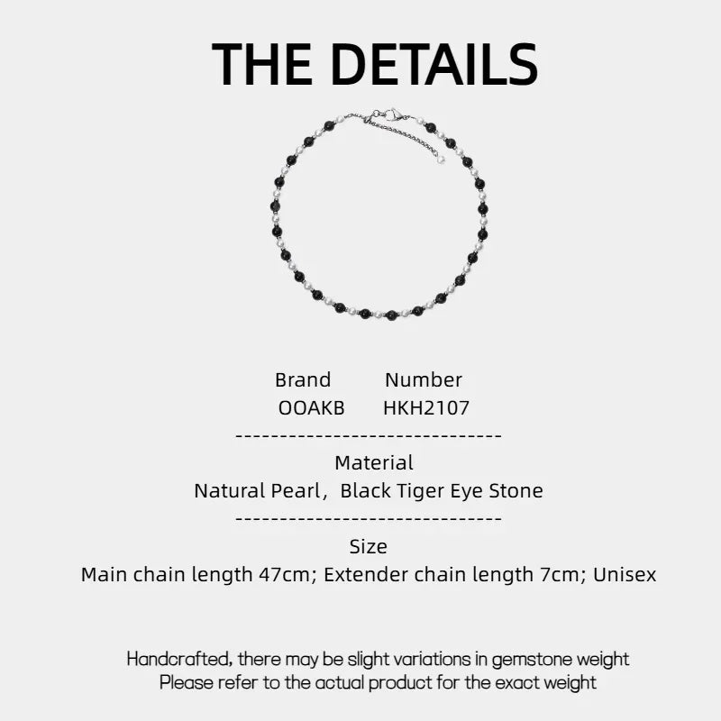Black Tiger Eye and Pearl Beaded Necklace — specification card with material and size details