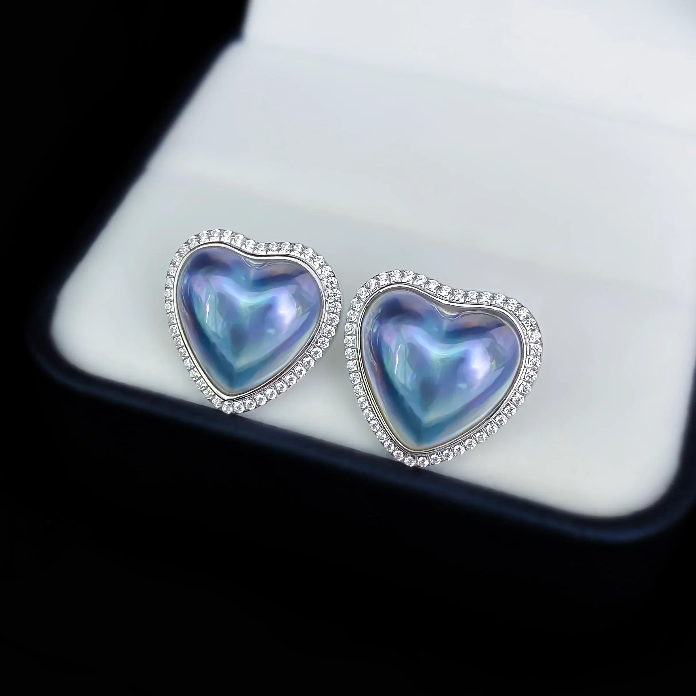 Blue Iridescent Pearl Heart Halo Stud Earrings — alternate box display view