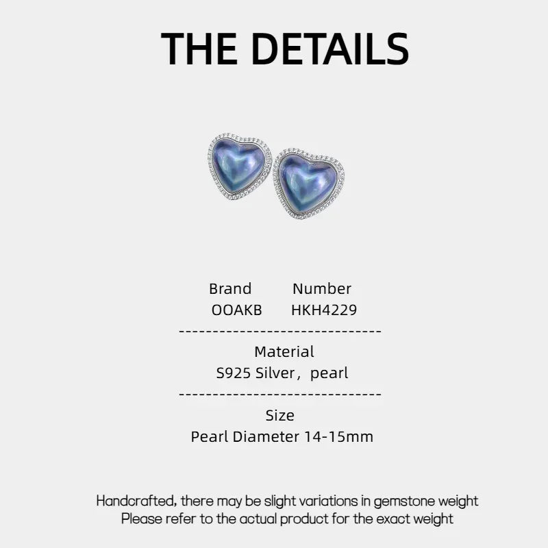 Blue Iridescent Pearl Heart Halo Stud Earrings — specification card with material and size details