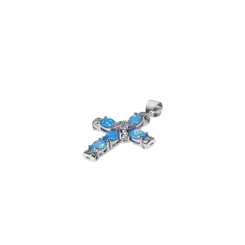 Blue Opal Cross Pendant Necklace alternate full necklace view
