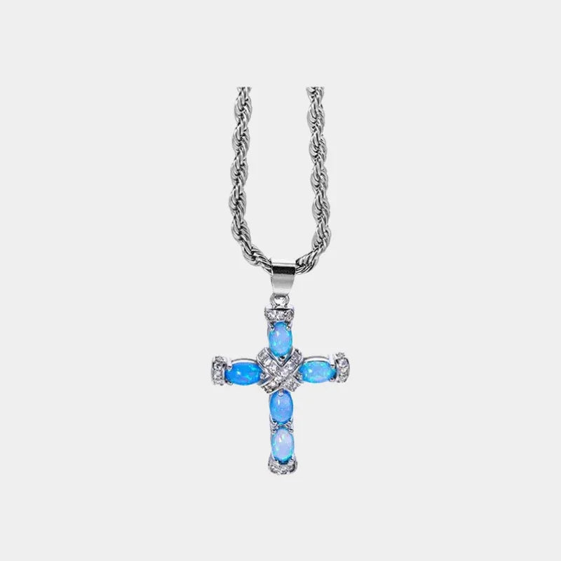 Blue Opal Cross Pendant Necklace full necklace view on a light background