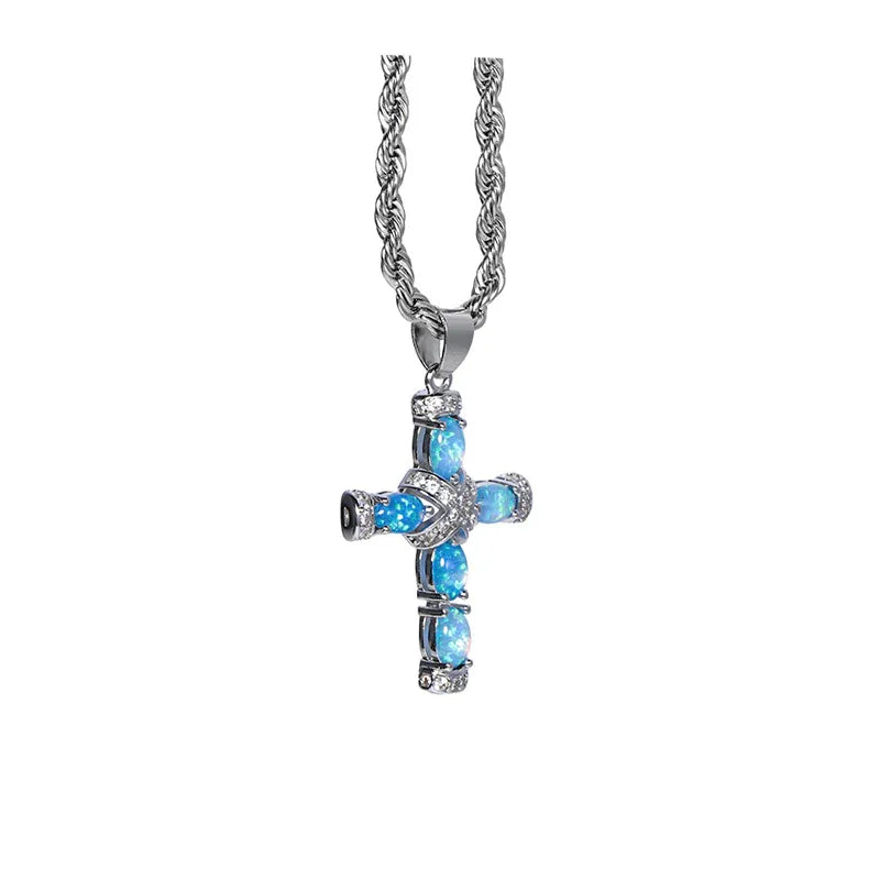 Blue Opal Cross Pendant Necklace pendant and chain on a display