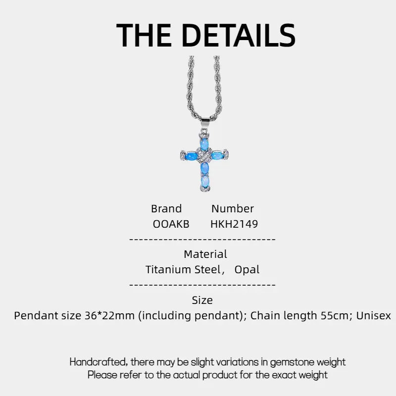 Blue Opal Cross Pendant Necklace side setting detail