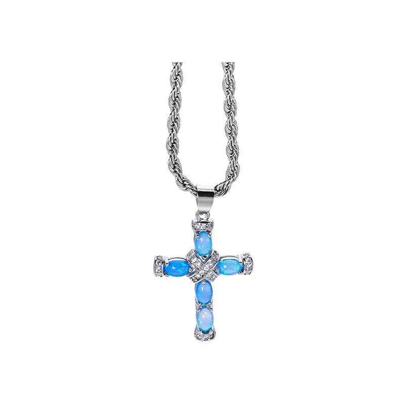 Blue Opal Cross Pendant Necklace specification card with material and size details