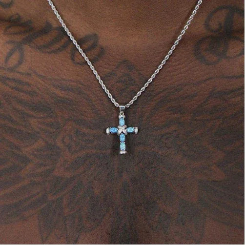 Blue Opal Cross Pendant Necklace worn at the neckline