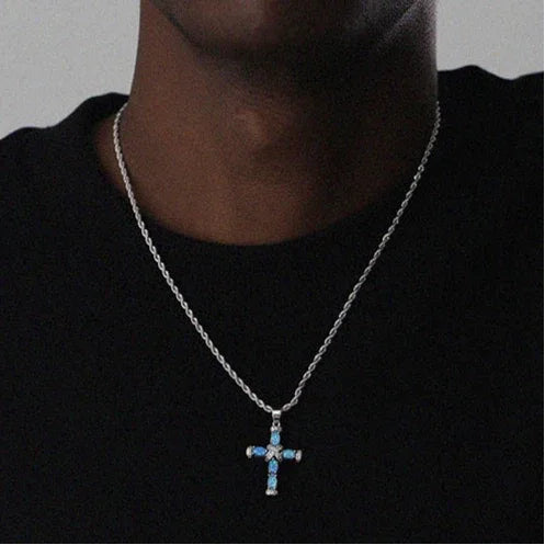 Blue Opal Cross Pendant Necklace worn at the neckline from another angle