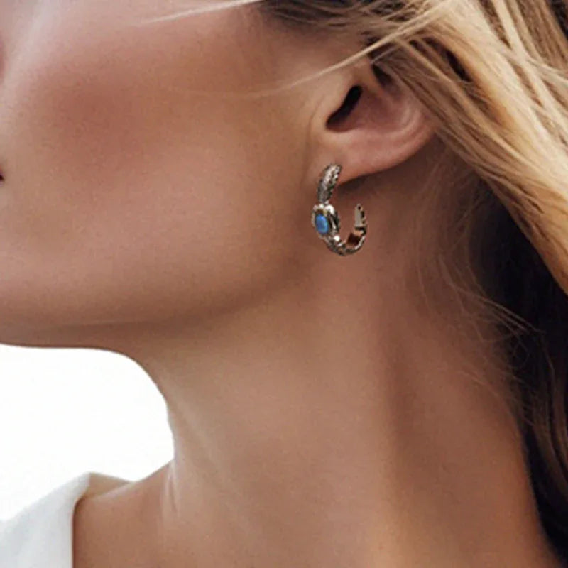 Blue Opal Feather Huggie Hoop Earrings angled product view