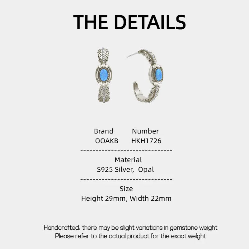 Blue Opal Feather Huggie Hoop Earrings specification card with material and size details