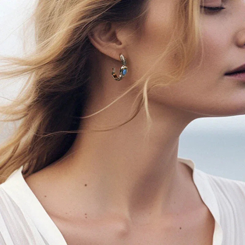 Blue Opal Feather Huggie Hoop Earrings top setting detail