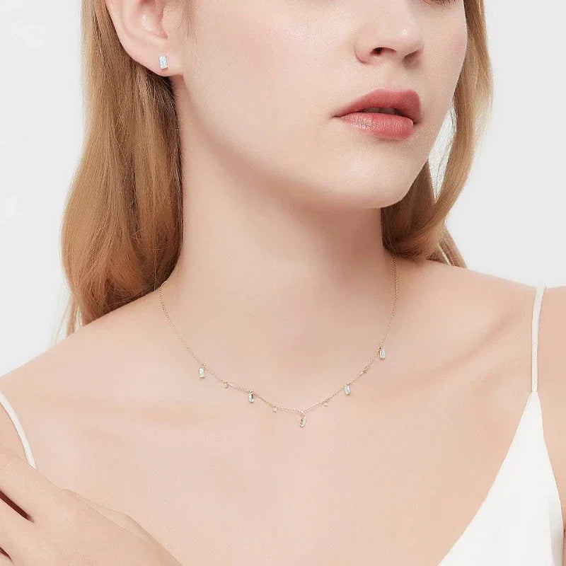 Blue Opal Geometric Station Necklace worn at the neckline from another angle