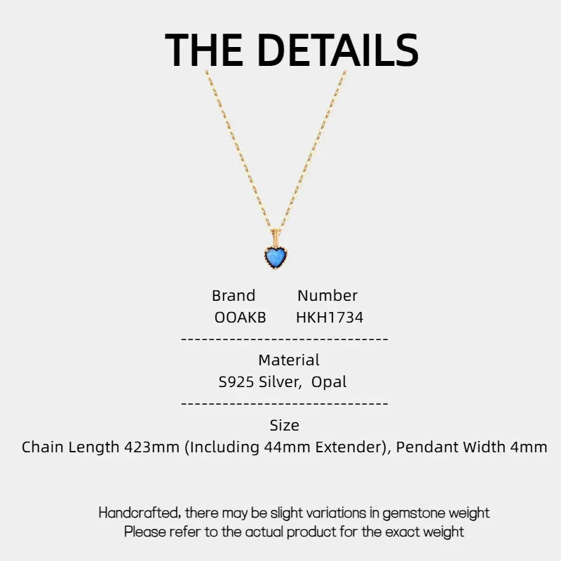 Blue Opal Heart Pendant Necklace specification card with material and size details