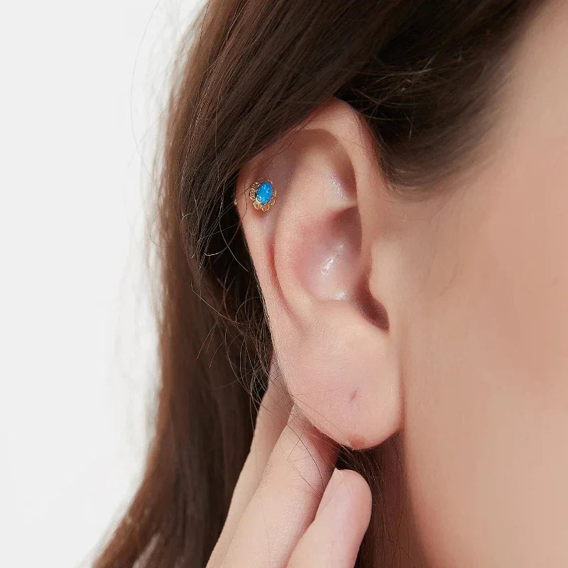 Blue Opal Lace-Halo Single Stud Earring angled product view