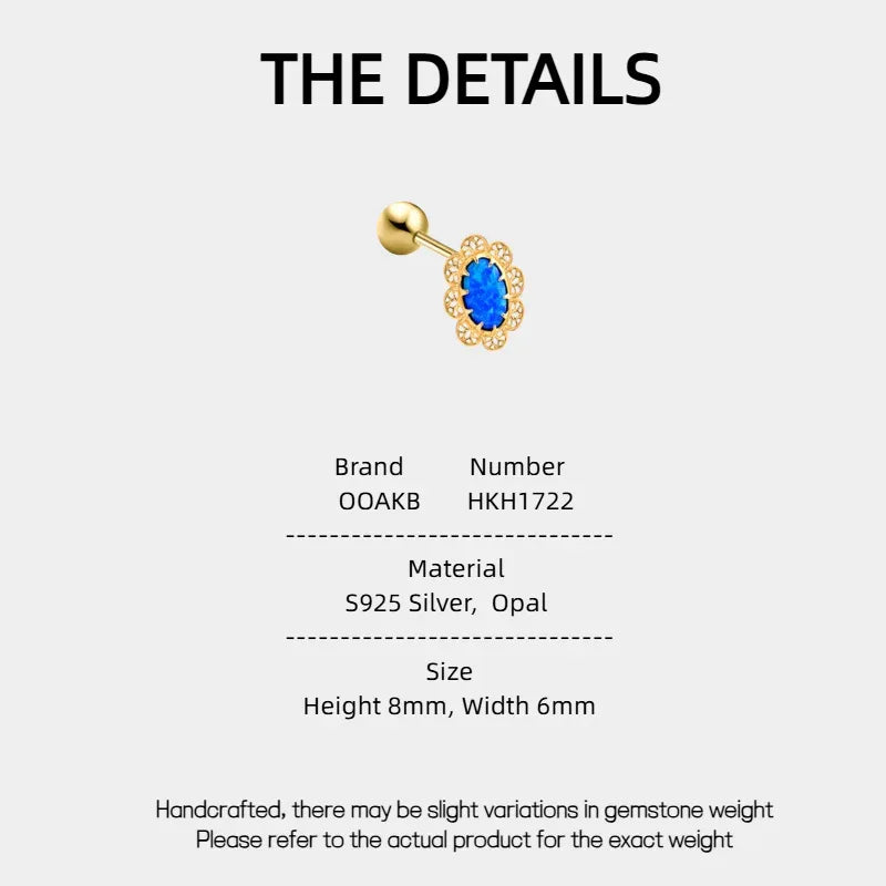Blue Opal Lace-Halo Single Stud Earring specification card with material and size details