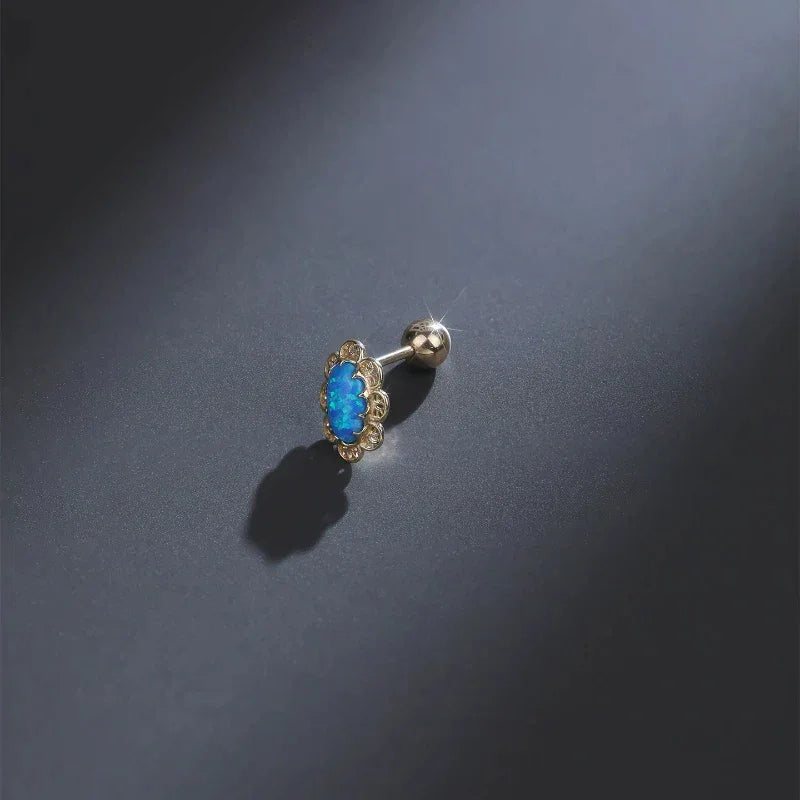 Blue Opal Lace-Halo Single Stud Earring worn on the hand from another angle