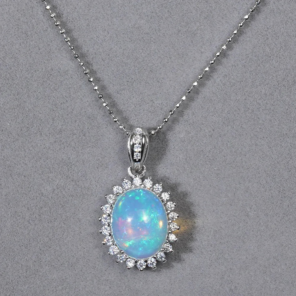Blue Opal Oval Halo Pendant Necklace close-up pendant detail