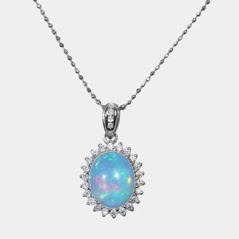 Blue Opal Oval Halo Pendant Necklace full necklace view on a light background