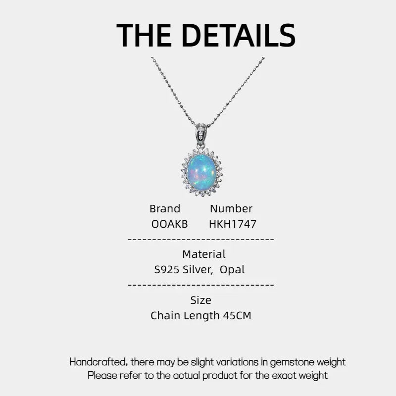 Blue Opal Oval Halo Pendant Necklace specification card with material and size details