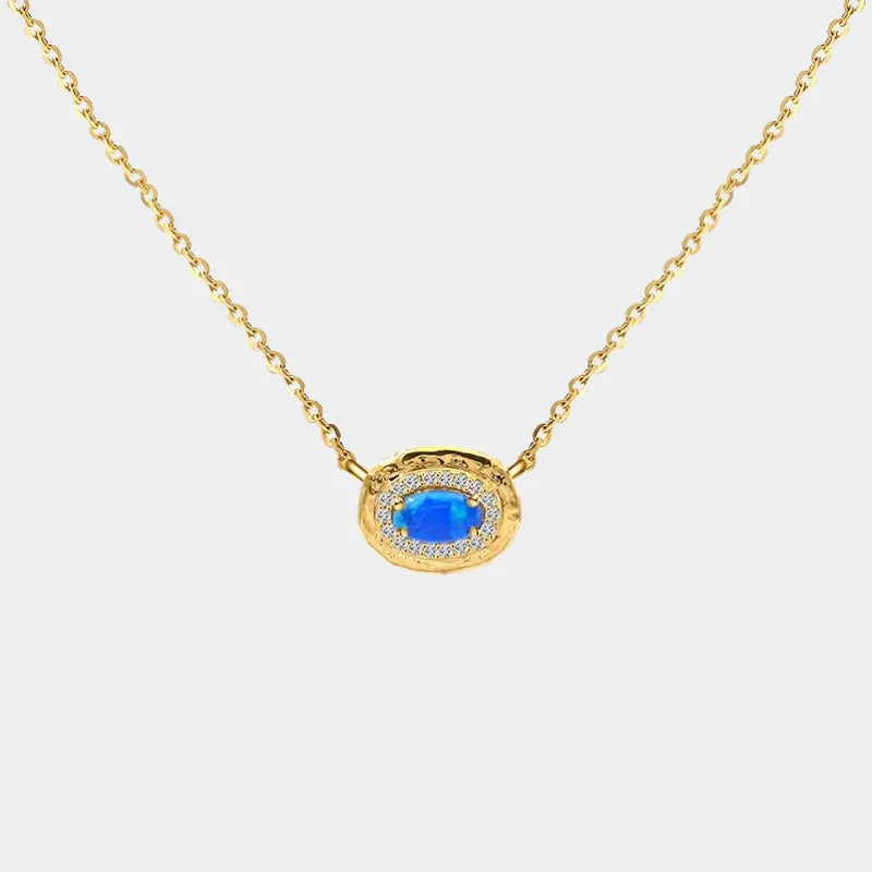 Blue Opal Oval Pendant Necklace full necklace view on a light background