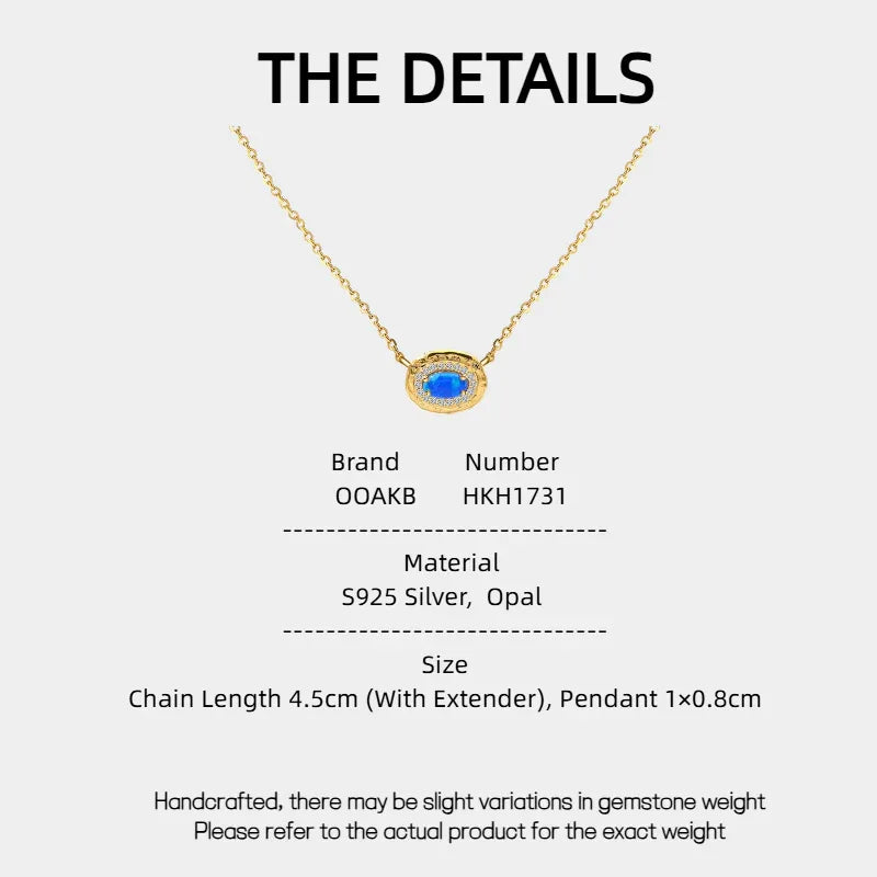 Blue Opal Oval Pendant Necklace specification card with material and size details