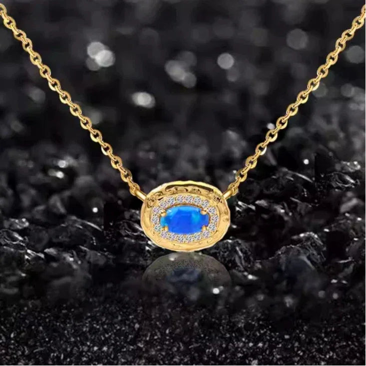 Blue Opal Oval Pendant Necklace worn at the neckline