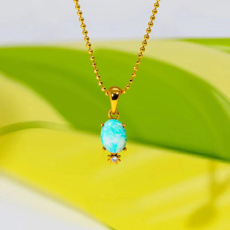 Blue Opal Petite Pendant Necklace worn at the neckline from another angle