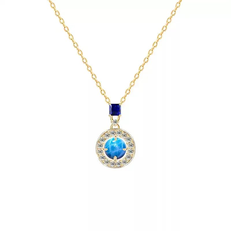 Blue Opal Round Halo Pendant Necklace alternate full necklace view