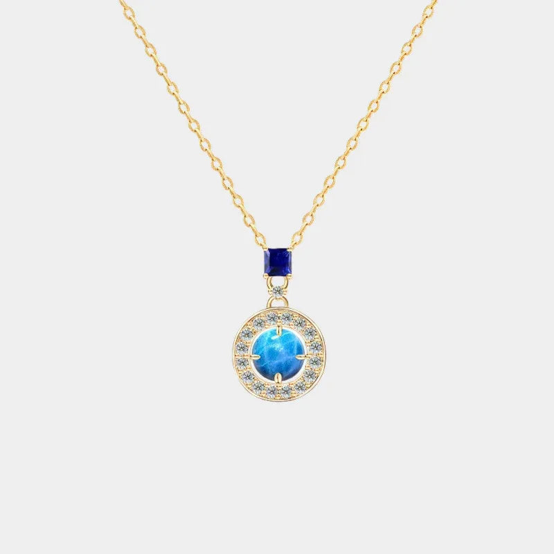 Blue Opal Round Halo Pendant Necklace full necklace view on a light background