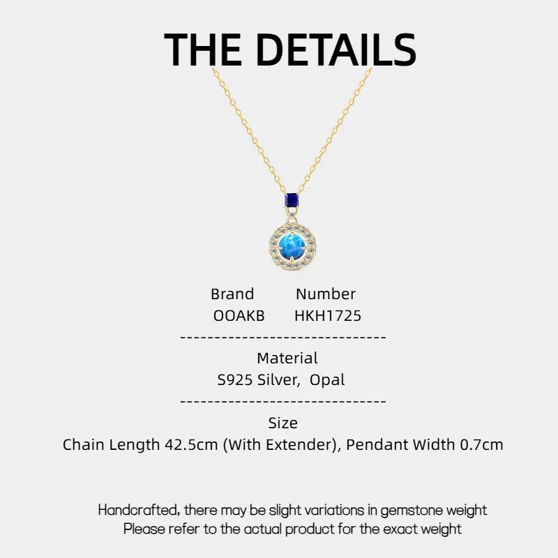 Blue Opal Round Halo Pendant Necklace specification card with material and size details