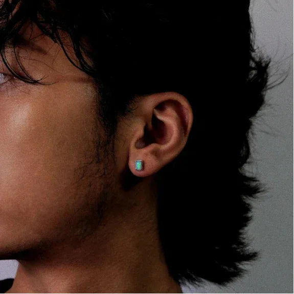 Blue Opal Square Stud Earrings side profile view