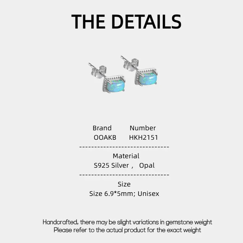 Blue Opal Square Stud Earrings specification card with material and size details
