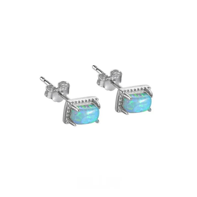 Blue Opal Square Stud Earrings top setting detail
