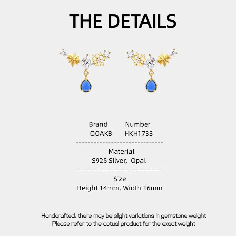 Blue Opal Starburst Drop Earrings specification card with material and size details
