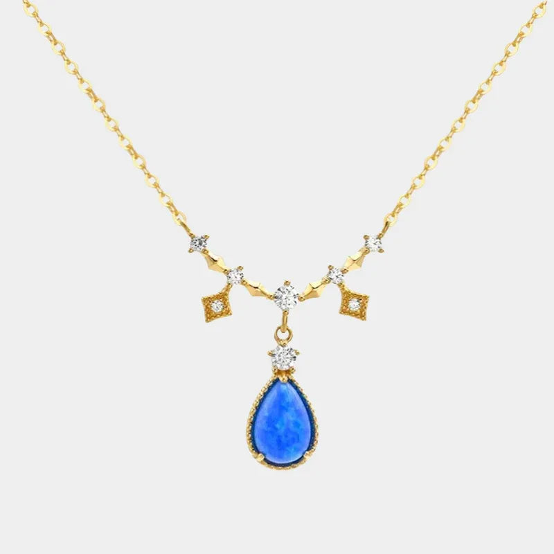 Blue Opal Teardrop Station Necklace full necklace view on a light background