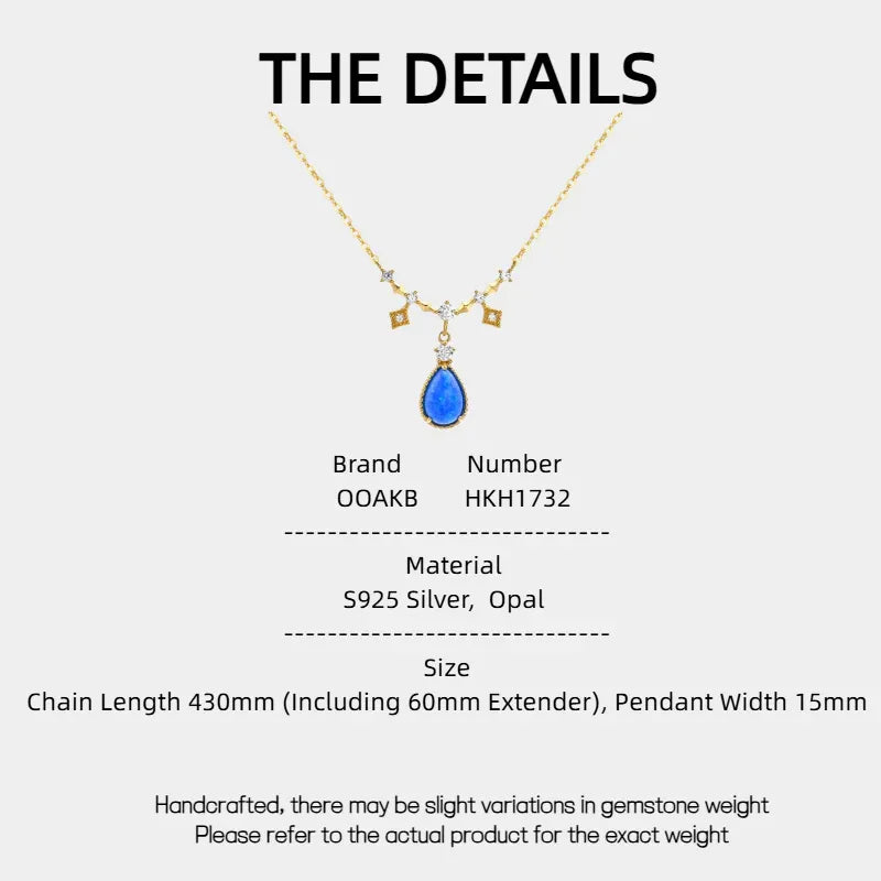Blue Opal Teardrop Station Necklace specification card with material and size details