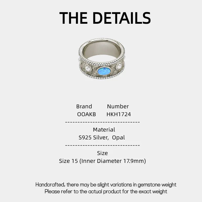 Blue Opal Wide-Band Oval Ring specification card with material and size details
