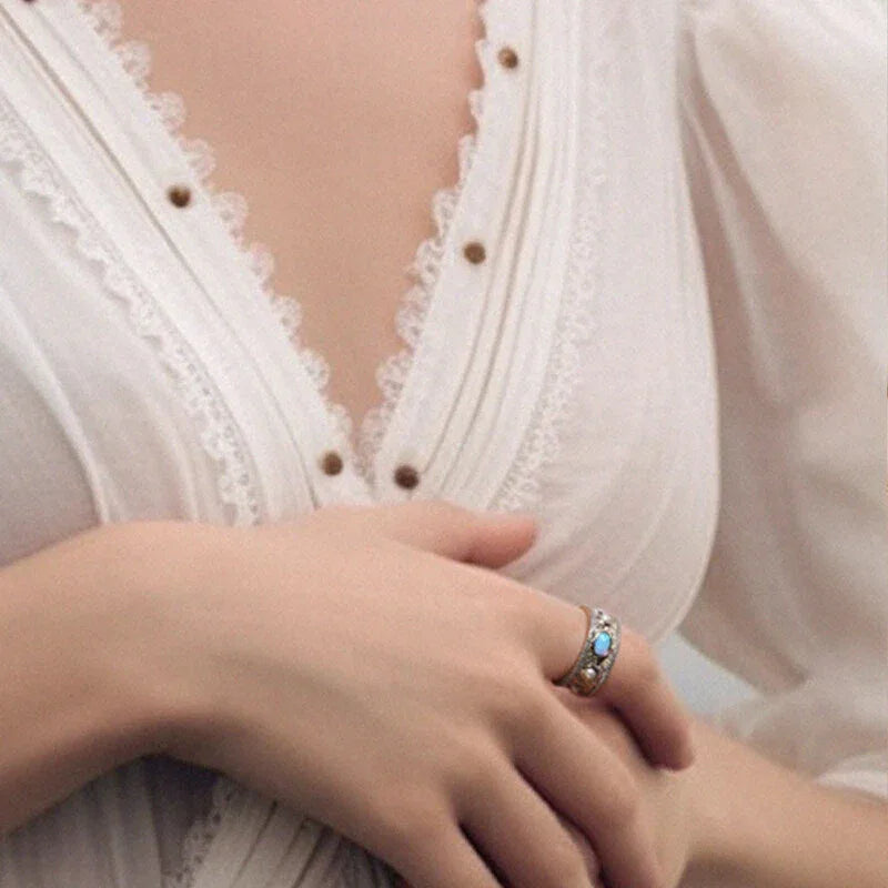 Blue Opal Wide-Band Oval Ring top setting detail
