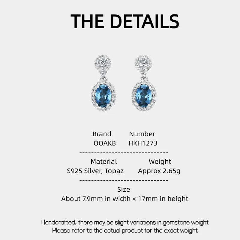 Blue Topaz Oval Halo Drop Earrings specification card with material and size details
