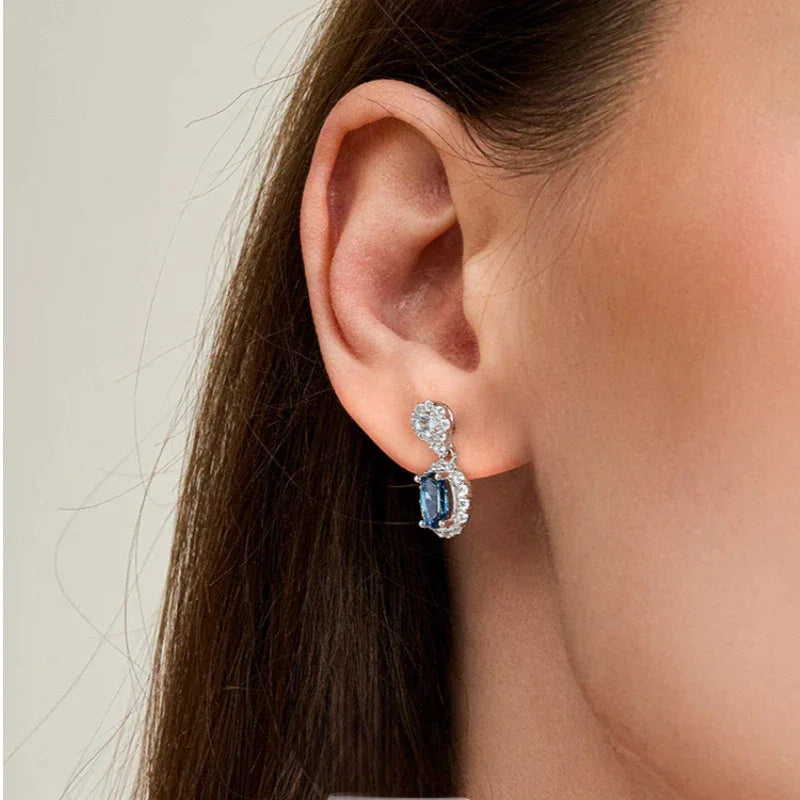 Blue Topaz Oval Halo Drop Earrings top setting detail
