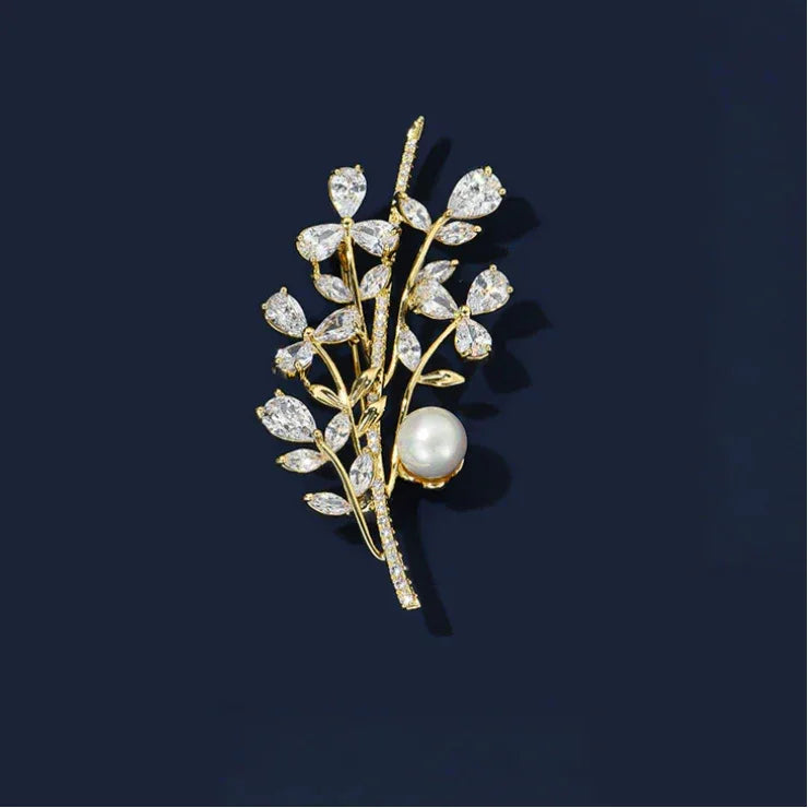 Shell Pearl Leafy Branch Brooch — front product view on a dark background