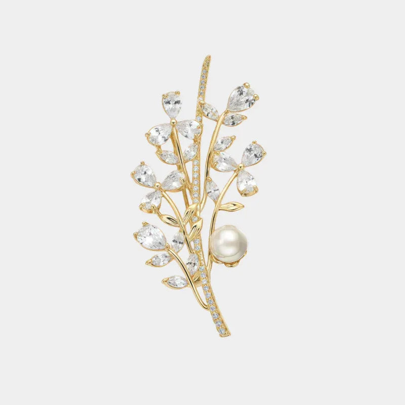 Shell Pearl Leafy Branch Brooch — front view of gold-tone leafy branch brooch